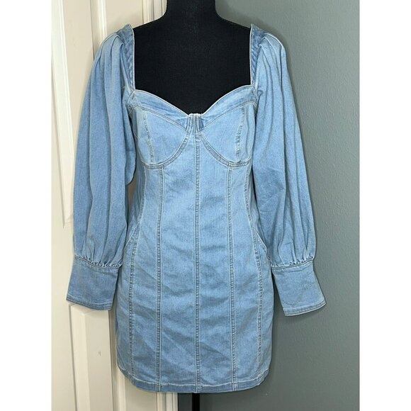 Nichole Lynel Denim Off Shoulder Sweetheart Neckline Puff Sleeve Mini Dress NWT - Picture 1 of 14